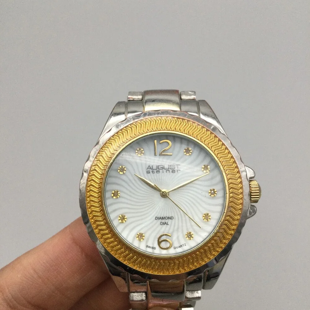 August Steiner Mens Watch 39mm White Diamond Dial Two Tone New Battery 6.5